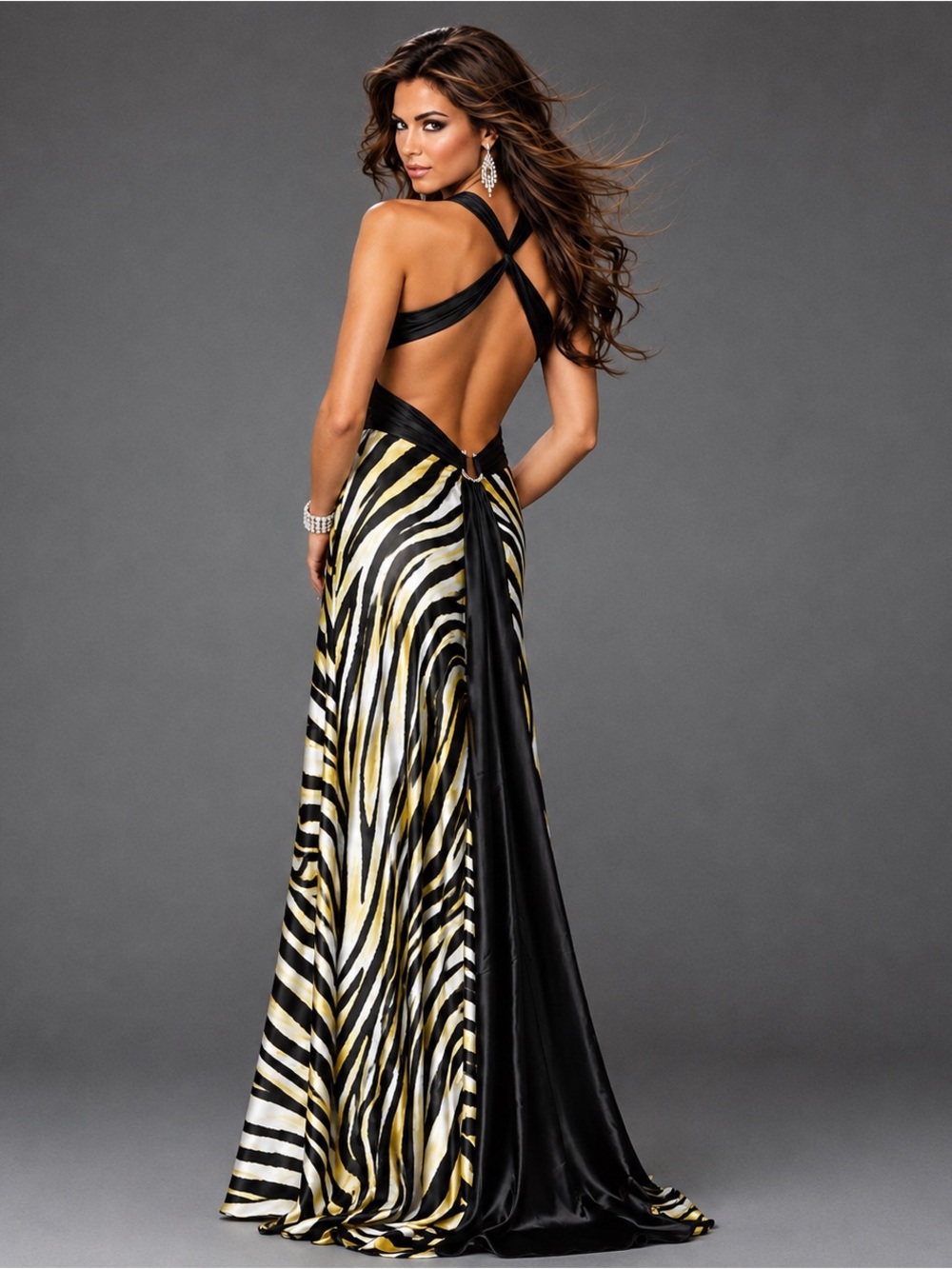 Caché Y2K Zebra Halter Maxi Gown Open Back Prom Formal Dress Sz 10 NWT